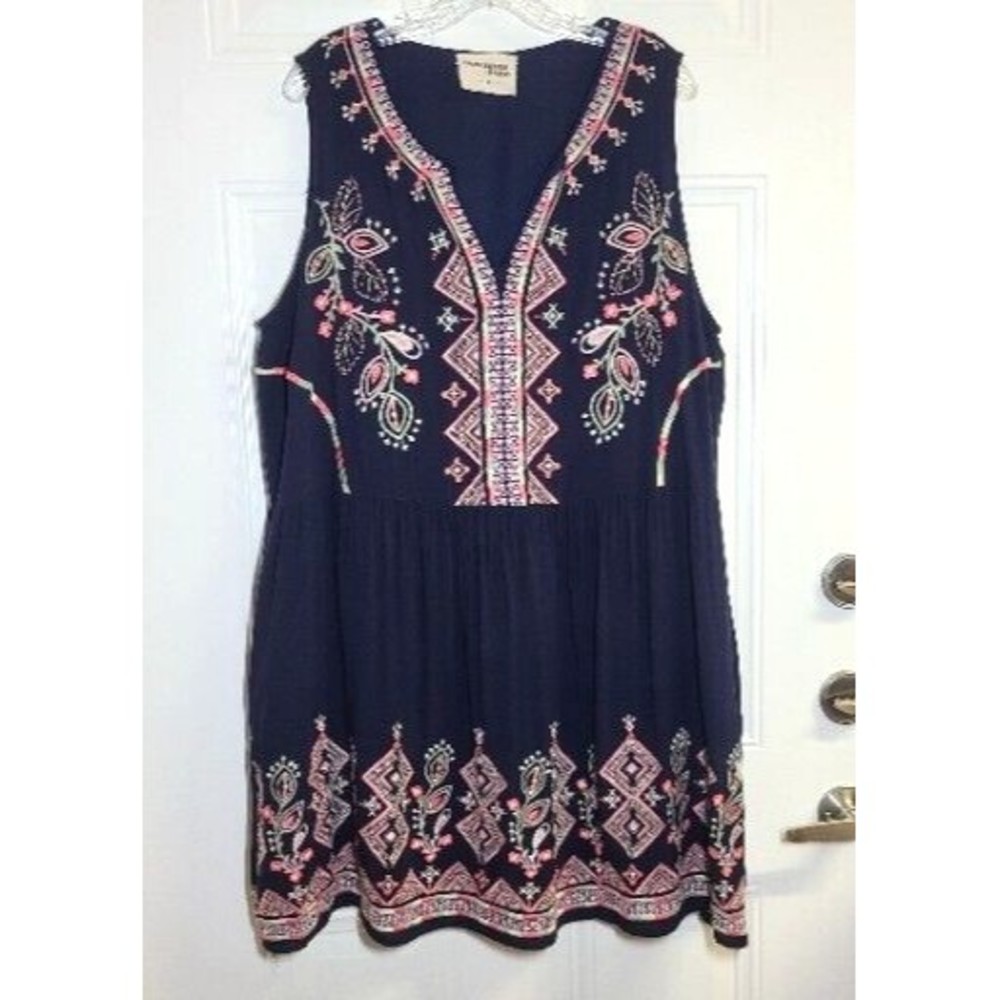 Savanna Jane Dress Size 1X Navy Sleeveless Geometric Embroidered Lined Boho